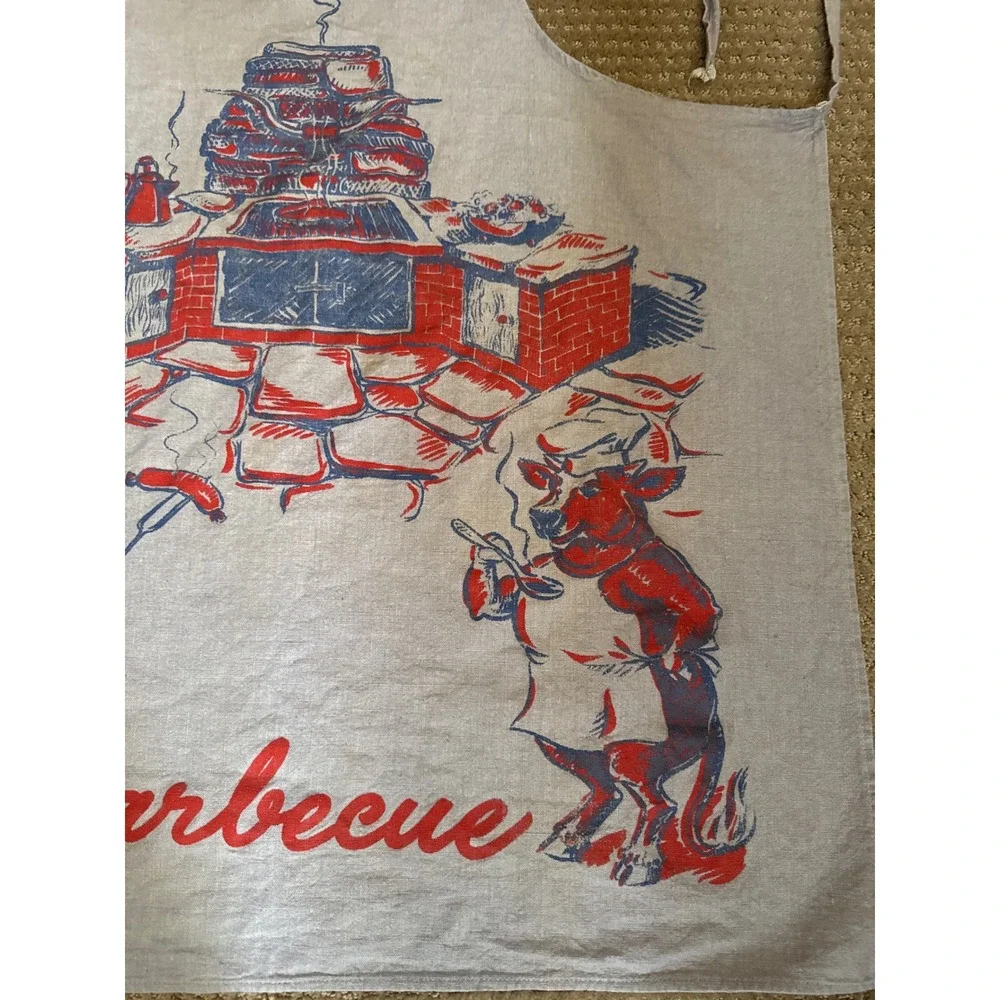 Vintage Mid Century Barbecue Apron Pig Bull Graphic Print Gray Red Blue MCM BBQ